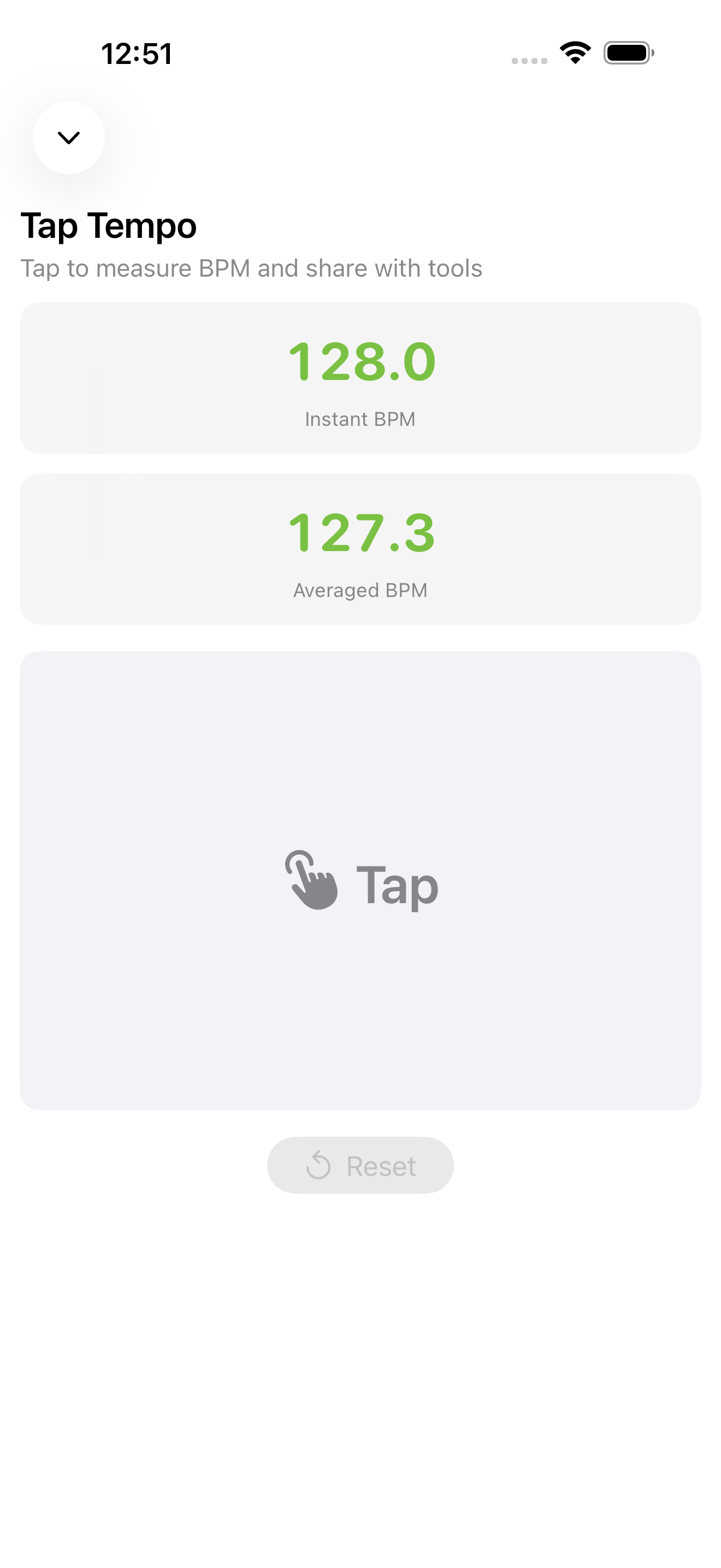 Tap Tempo preset screen on iPhone